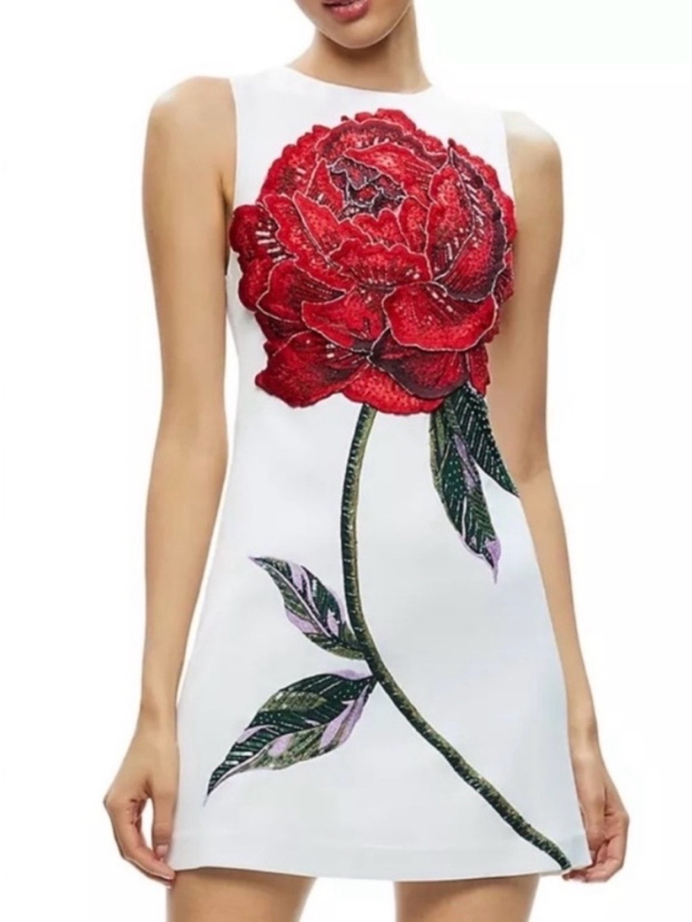 Alice + Olivia White Mini Dress with Red Rose Appliqué